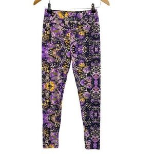 LulaRoe Leggings Womens One Size Small Black Purple Polyester Floral Soft